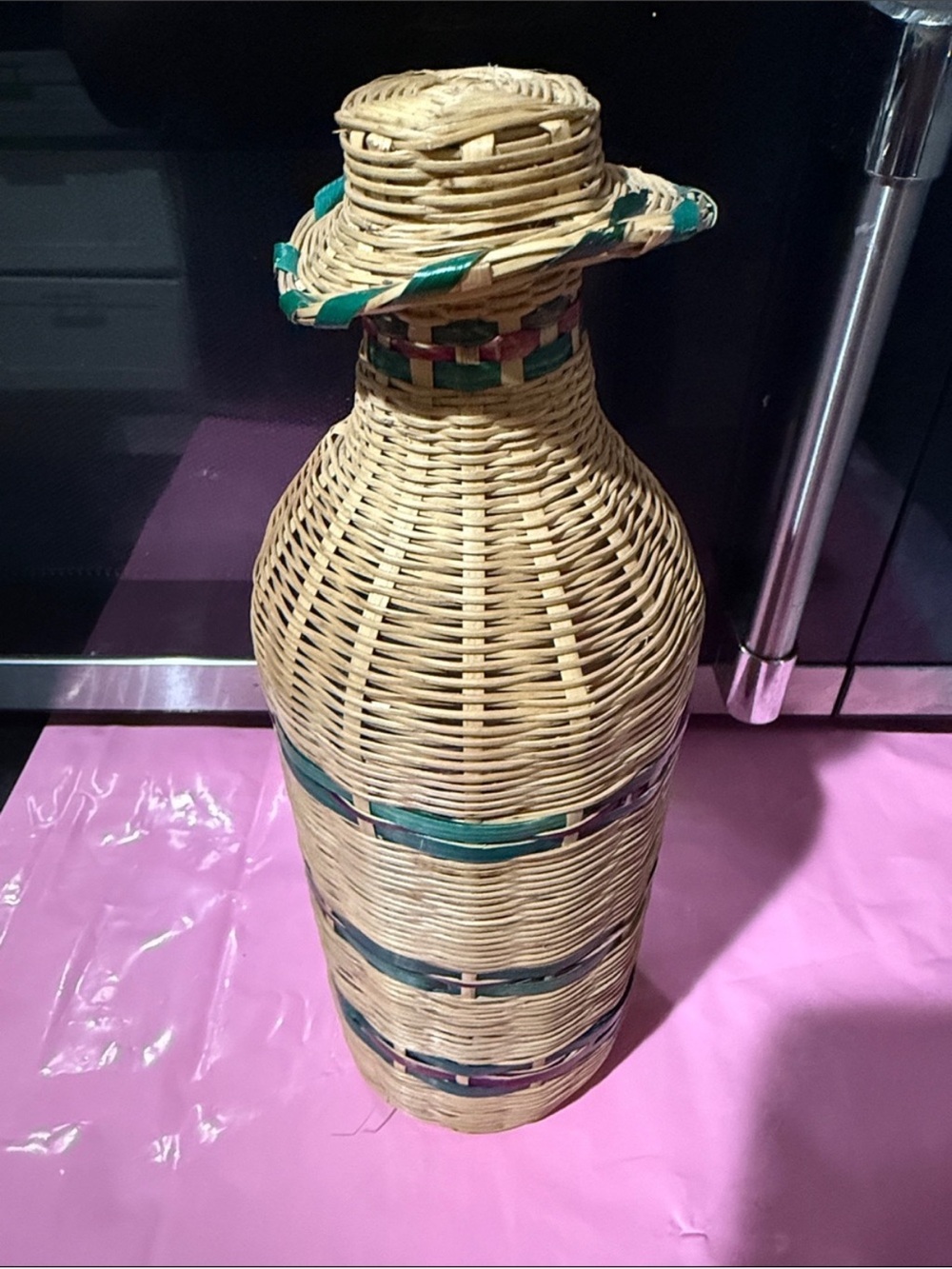 Handwoven Natural Wicker Decorative Bottle with Teal Accents